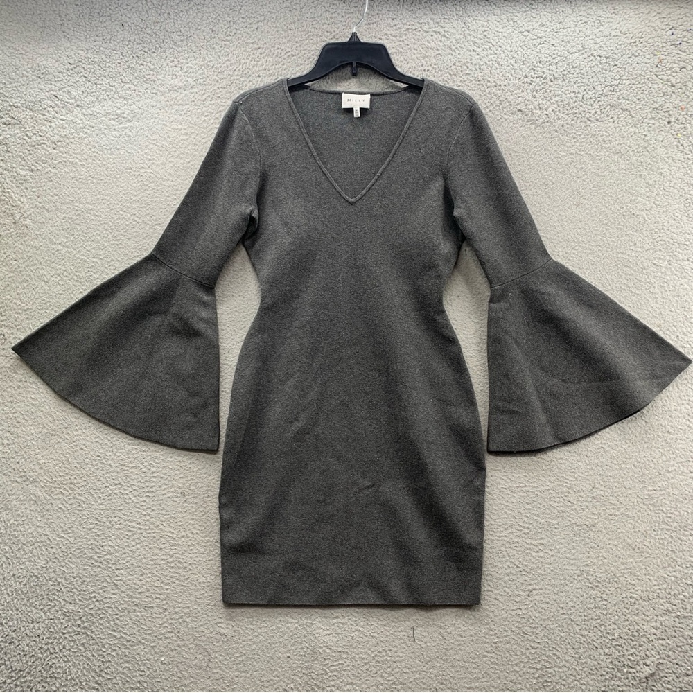 MILLY Women’s V-Neck Bell Sleeve Stretch Knit Mini Dress Charcoal Gray Size M